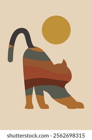 Black cat and sun aesthetic boho style art. Domestic kitty 2d illustration