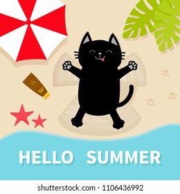 Black cat sunbathing on the beach. Making sand snow angel. Hello summer. Top aerial view. Beach, sea ocean, umbrella, palm tree leaf, star fish, spf lotion, paw print. Flat design. Vector
