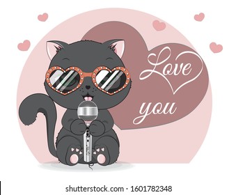 Black cat in sunglasses  adorable cute love symbol  Picture in hand drawing cartoon style  