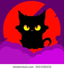 un gato negro con fondo de luna súper roja