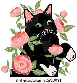 Black cat surrounded by blooming pink peonies and foliage. Portrait of animal character with front paws.Floral background for printing on fabric and paper.Vector hand drawn isolated illustration.