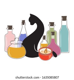 black cat surrounded by candle and potions bottles, vector