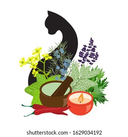 black cat surrounded by mortar and pestle, candle and magical herbs, vector