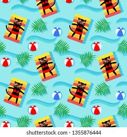 Black cat in swimming pool seamless pattern. Colorful summer concept.