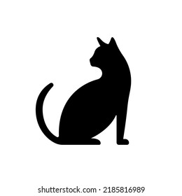 Black Cat with Tail Silhouette Icon. Cute Kitten Sitting Glyph Pictogram. Pet Kitty Simple Flat Symbol. Mammal Animal Pussycat. Cat Profile Side View Veterinary Logo. Isolated Vector Illustration.