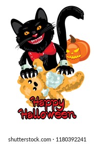 Black cat tearing a teddy bear. Halloween invitation card