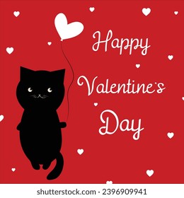 Black Cat With Text Happy Valentine's Day.Heart shaped balloon.Red Background with white hearts