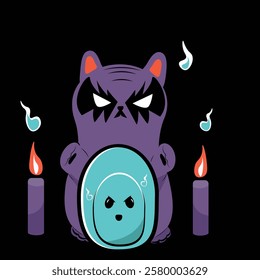 A black cat that looks cute and angry in the dark, with  black background to celebrate,with ghost, black cat and witch hat. Vector cartoon cute characters with scary smile and boo expression.