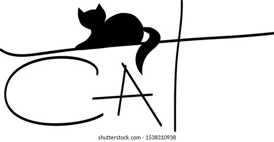 A black cat that sits on the word "CAT"