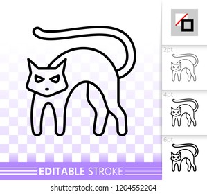 Black Cat thin line icon. Outline web sign of halloween. Dead Day linear pictogram with different stroke width. Simple vector symbol transparent background. Witch cat editable stroke icon without fill