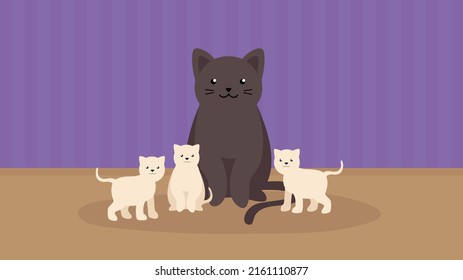 Black cat and three white kittens
