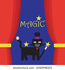 Black cat with top hat and magic wand 