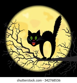 Black cat at tree branch against big yellow moon and night sky 