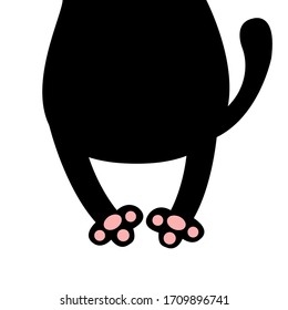 Black cat trunk. Funny face head silhouette. Hanging fat body. Pink paw print, tail. Kawaii animal. Baby card. Notebook cover. Cute cartoon character. Pet collection. Flat. Blue background. Vector