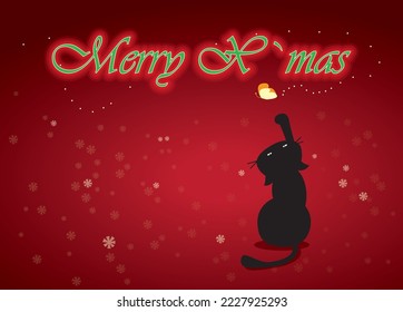 black cat trying to catch butterfly x`mas card