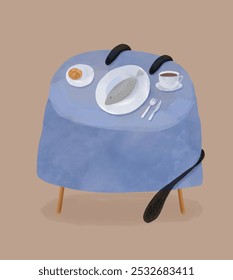 Black Cat Trying To Reach Fish From The Table. Round Table Covered With A Blue Tablecloth, With A Plate Of Fish, Coffee And A Roll. Cute Hand Drawn Vector Illustration With Hungry Cat. RGB.