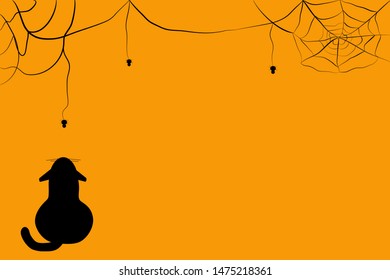 Black cat turns his back and looks at black spider on its web.Three black spiders.Orange background. Happy Halloween concept.Blank space for text at the right side.Vector illustration.