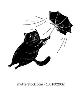 Black cat with umbrella resists wind and storm. Bad weather 