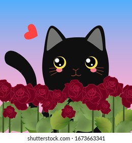 Black cat under blue sky, plant rose background, cute pet kitten, hand drawn animal vector illustration, heart shaped element,