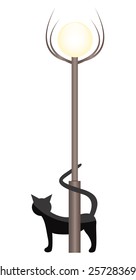 Black cat under a street lantern, vector illustration