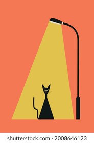 Black cat under street light with orange background. Flat design illustration. Vector for poster, tee shirt, print and web.