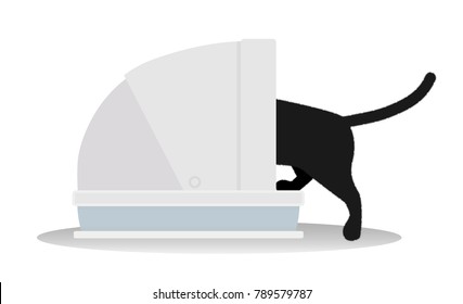 black cat using cat toilet litter box, cartoon vector.