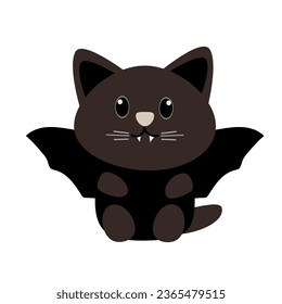 Black cat in a vampire bat costume, for Halloween. Costume party . Cartoon cute vampire kitten. Adorable character for a Halloween card