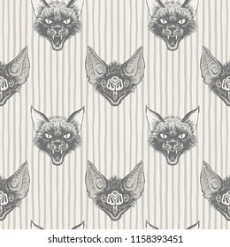 Black cat and vampire bat head with open mouth and bared fangs regular pattern. Halloween, witchcraft, magic, sorcery, horror background. Striped seamless vector texture. Stripes, uneven doodle lines