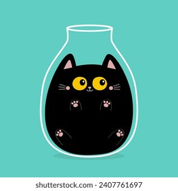 Black cat in a vase. Cute cartoon kawaii baby character. Glass jar. Funny fat kitten. Big eyes, moustaches. Pink paw print. Big eyes. Happy Valentines Day. Flat design. Green background. Vector