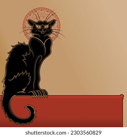 Schwarze Katze, Vektordesign, schwarze Katze im Cartoon-Stil, Hexenmaskottchen auf Halloween, mit Platz für Text