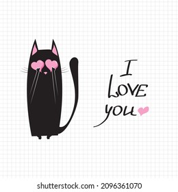 Black Cat Vector Design with heart. Illustration for valentine's day. Love phrases. I love you