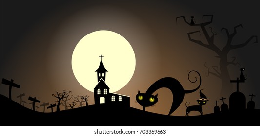 Black Cat Vector Design with night graveyard background illustration for Halloween party
