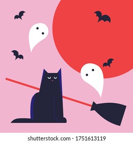 Black cat vector flat illustration. Happy Halloween party posters 