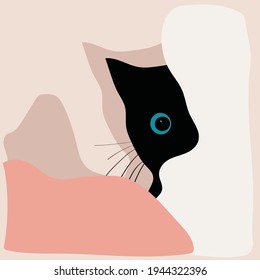 Black cat vector hiding on pastel shapes background