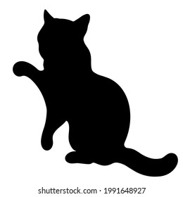 Black cat vector icon. The pet sits with its paw raised. The animal is playing. Hand-drawn silhouette of the beast. Predator illustration isolated on white. Domestic cat. Drawn by hand. Monochrome.