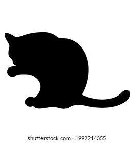Black cat vector icon. The pet is washing. Hand-drawn animal silhouette. Isolated illustration of a predator on a white background. Domestic cat, the shadow of the beast. Monochrome.
