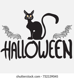 Black cat vector illustration with  bat icons on white background.Halloween decorative elements with Halloween lettering design