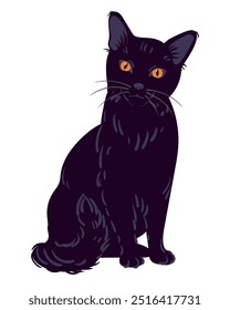 Gato preto, ilustração vetorial, personagem de desenho animado, animal em estilo plano. Magia familiar para a bruxa, animal totem, símbolo da sabedoria e conhecimento. O gatinho senta-se e olha reto, sobre fundo branco.