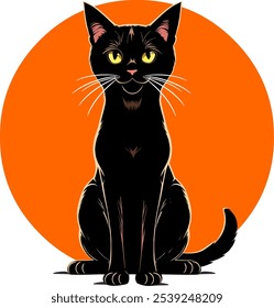 Ilustração do vetor do gato preto com curvas definidas e bigodes, contrastando com um fundo circular laranja vibrante e quente, criando uma aparência felina icônica e misteriosa