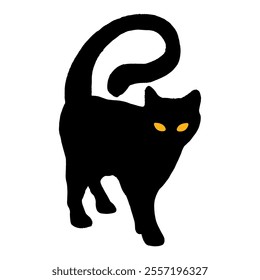 Black cat vector illustration with glowing eyes, amber cat eyes, black cat with yellow eyes, flat design.