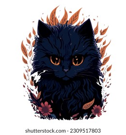 black cat vector illustration image with flower leaves