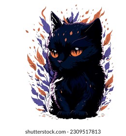 black cat vector illustration image with flower leaves