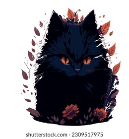 black cat vector illustration image with flower leaves