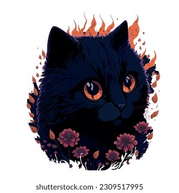 black cat vector illustration image with flower leaves