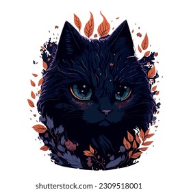 black cat vector illustration image with flower leaves