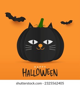 Black cat vector illustration. Paper cut cat face pumpkin elements for halloween on orange background. Happy halloween