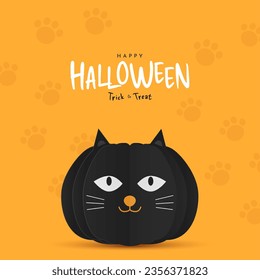 Black cat vector illustration. Paper cut cat face pumpkin elements for halloween on orange background. Happy halloween