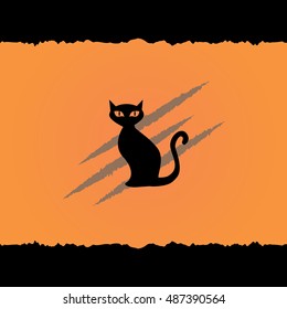 Black cat vector  illustration with scratches behind over black and orange background, flat icon, isolated, Halloween