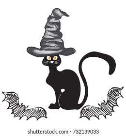 Black cat vector illustration in witch's hat with bat icons.Halloween design elements