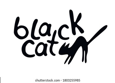 Black cat - vector lettering and illustration. Element of design for Halloween, party invitation, greeting card, template of sticker or badge.
